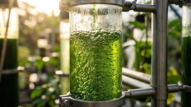 Algae bioreactor green culture glass tube for renewable energy decarbonization industry sustainable biotechnology producing green biomass and biofuel