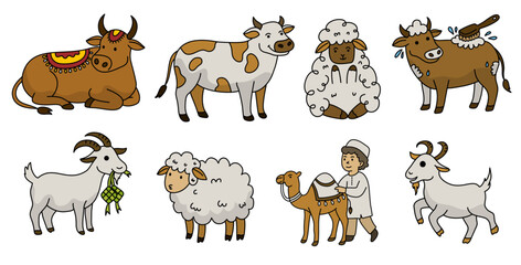 Fototapeta premium Various types of livestock animals including sheep cows and goats for qurban