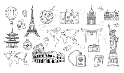 A collection of travel icons and landmarks in a minimalist line art style © MdShakib