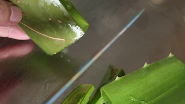 Cutting and peeling of aloevera leaf on a chopping board with a knife to extract clear aloevera gel
