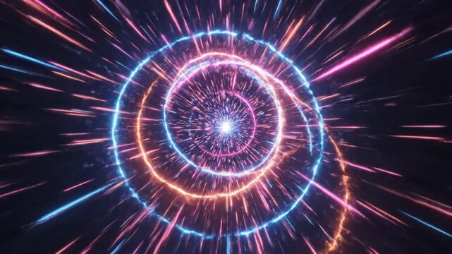 Vibrant neon light streaks in shades of blue, pink, and orange radiating from a bright central starburst point, creating a sci-fi hyper-speed warp or wormhole effect.