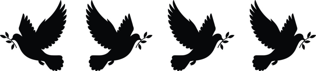 Fototapeta premium Vector set of black dove silhouettes flying with olive branches representing peace and freedom for religious logos, wedding invitations, and global harmony graphics.