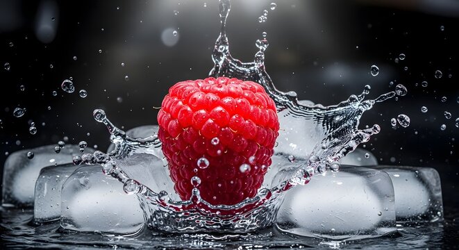 Red Raspberry Splashing in Water with Chilled Ice Cubes