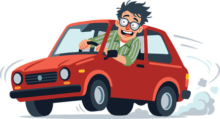 Cartoon illustration of a scared driver gripping the steering wheel while speeding in a small red car, with motion lines and dust effects emphasizing panic and fast movement. © Muntaha Studio
