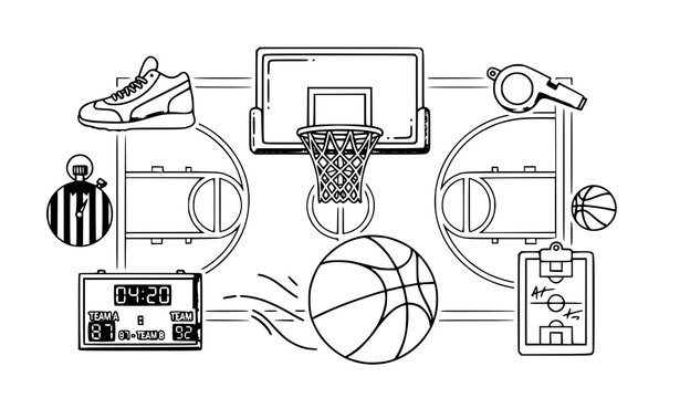 A vector graphic illustration of various basketball equipment and symbols