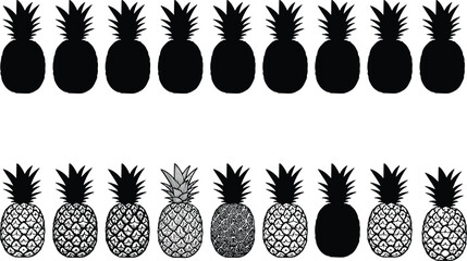 Vector set of pineapple silhouettes and hand drawn fruit icons featuring various skin textures and tropical patterns for summer party invitations and organic branding. © MdRasel