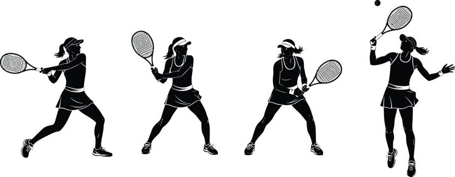 Vector set of female tennis player silhouettes featuring various action poses including serve, backhand, and forehand for sports club logos and tournament graphics.