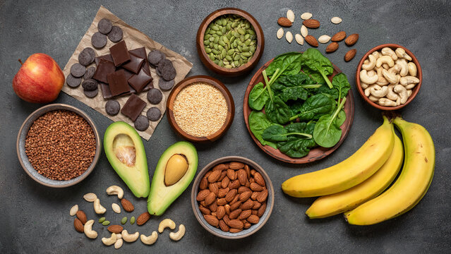 Food with magnesium on dark grunge background, banner