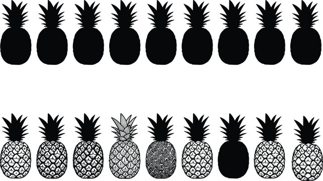 Vector set of pineapple silhouettes and hand drawn fruit icons featuring various skin textures and tropical patterns for summer party invitations and organic branding.