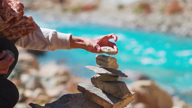 Closeup shot of woman hand making stone tower near flowing Tsarap river in Zanskar, Ladakh, India. Stone tower balance at riverside. Calmness, meditation, mindfulness, nature harmony concept. 