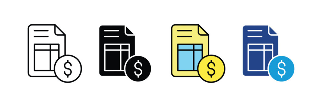 Financial billing invoice document with dollar coin icon vector set. Account balance report, business tax statement, electronic payment receipt, and monetary transaction record symbol. 