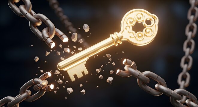 Golden key breaking metal chains, conceptual image of freedom and liberation, glowing gold key shattering iron links, metaphor for success and breakthrough