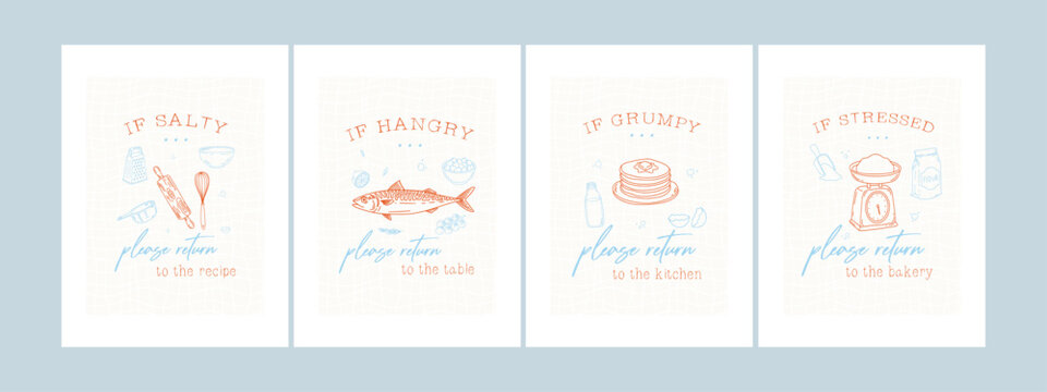 Hand drawing kitchen poster set with food illustrations