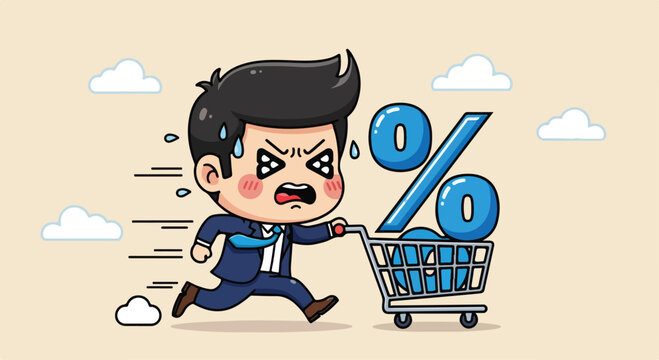 Stressed businessman frantically pushing shopping cart filled with percentage signs in a cartoon style