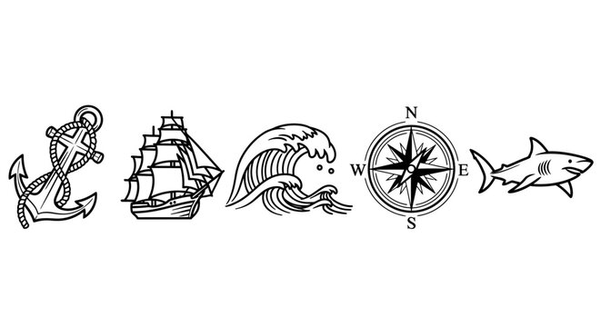 Nautical icons with anchor compass.