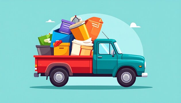 A cartoon-style illustration of a teal truck filled with various colorful items