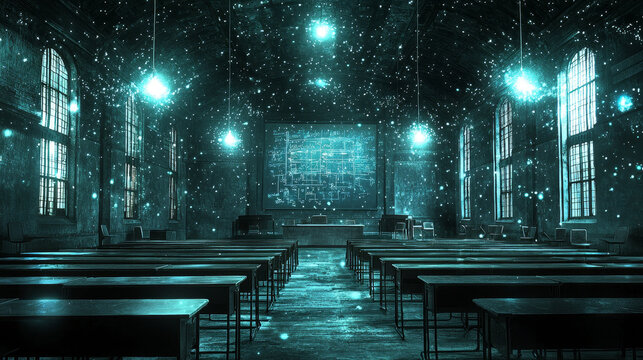 Dark classroom empty desk glowing board digital interface blue light old building high ceiling large window magical atmosphere mysterious mood