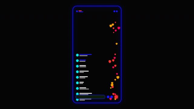 Luminous smartphone interface exhibits ascending heart icons and scrolling message blocks to demonstrate active viewer participation for a high-energy digital broadcast promotion.