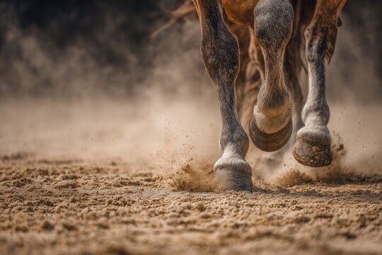 Horse hooves moving fast, kicking up sand and dust during a gallop