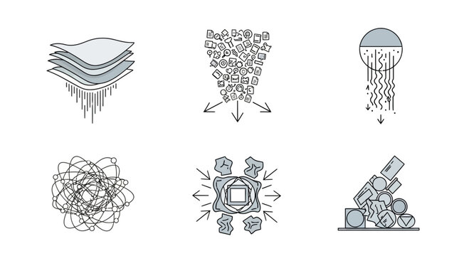 Conceptual Vector Graphics Representing Diverse Processes From Material Aggregation and Disintegration to System Compression and Chaotic Structures, Ideal for Science, Industry, and Infographic Design