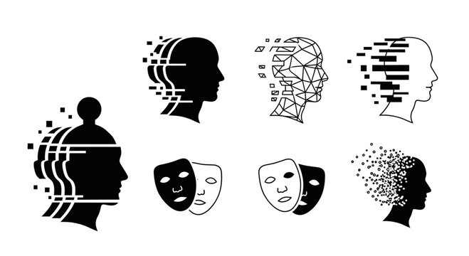 Abstract representation of human heads with digital fragmentation and mask elements symbolizing concepts of identity, thought, and mental states