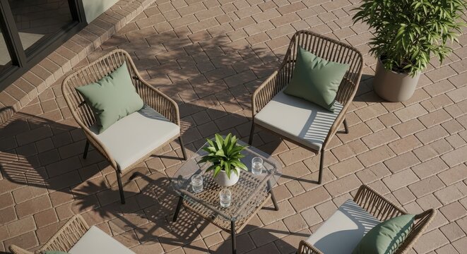 Cozy outdoor patio seating area with wicker chairs, comfortable cushions, glass table, potted plants and pavers on sunny day.