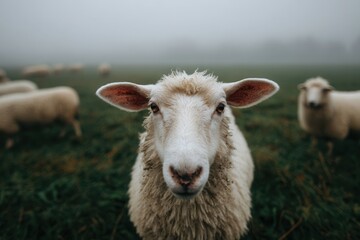 Obraz premium White sheep looking at the camera from a green grassy pasture on a misty day