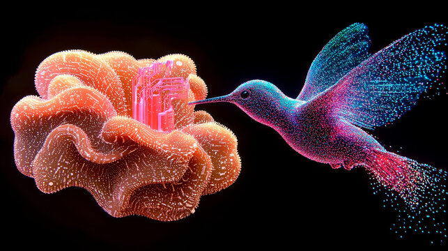Hummingbird synthetic feather digital artificial intelligence glowing neon flower futuristic technology vibrant&mdash;A digital hummingbird with synthetic feathers and glowing neon colors hovers near
