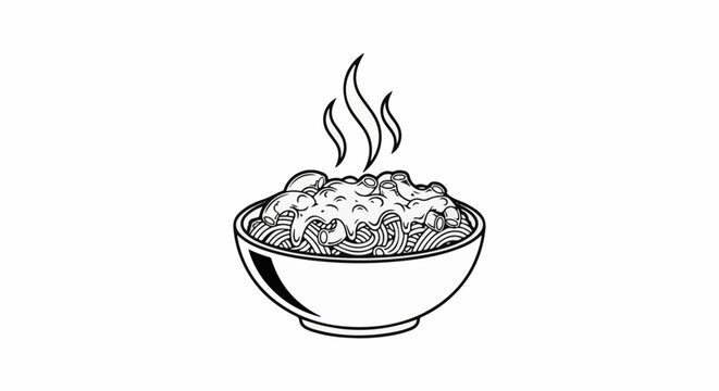 A steaming bowl of pasta with sauce and steam lines above
