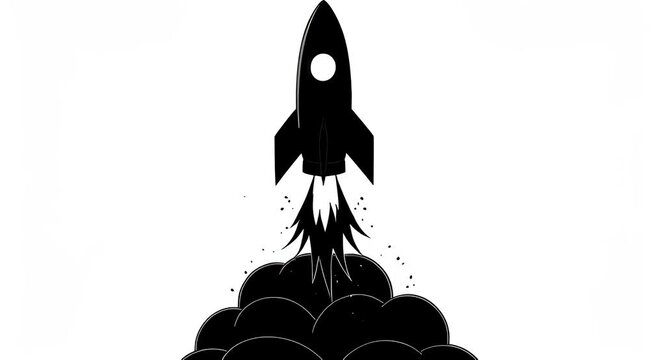 Dramatic depiction of a black rocket taking off with launch smoke