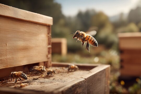 Honeybee entering a wooden beehive, other bees gathering around the entrance