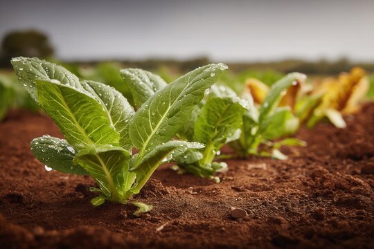 Fresh lettuce seedlings thriving in fertile soil on an organic farm field, covered in water drops