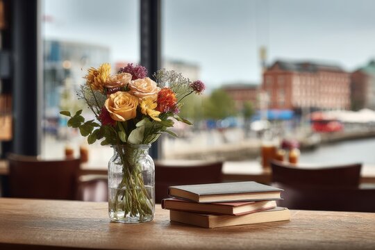 Books and a vase of colorful flowers sitting on a wooden table inside a cozy cafe