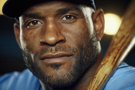 Professional baseball player confidently holding a bat and looking directly at the viewer