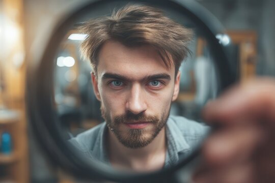 Man holding a magnifying glass and intently examining his face with blue eyes