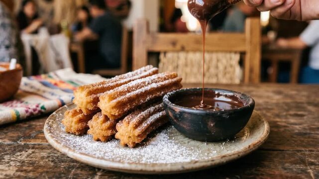 Crispy churros served with rich chocolate dipping sauce in a cozy caf&eacute; setting, highlighting indulgent dessert presentation and warm sweet snack appeal.
