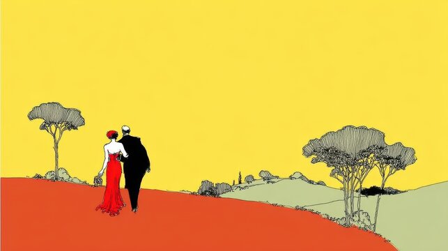 Couple walking together in a stylized landscape, depicting romance and togetherness