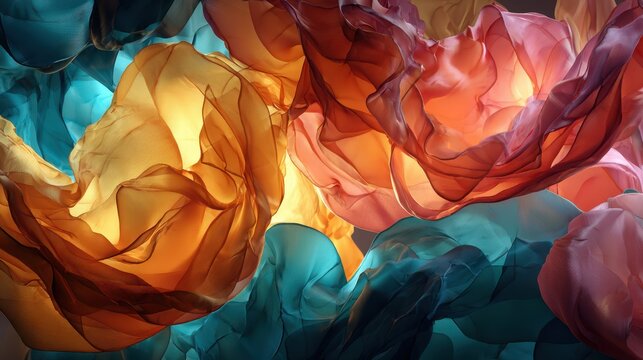 Flowing translucent fabric creating abstract waves with vibrant colors and light