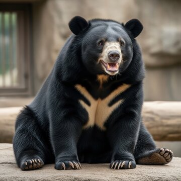 Close-up of a majestic sun bear sitting with an open mouth, showcasing its unique chest marking.