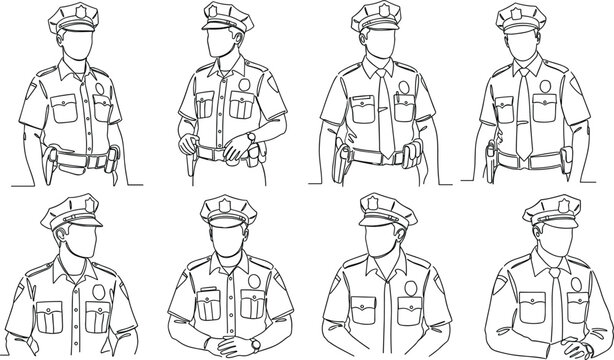 Police Officer Line Art Character Set with Different Poses and Uniform Details, Law Enforcement Vector Illustration Collection for Security, Public Service and Authority Designs