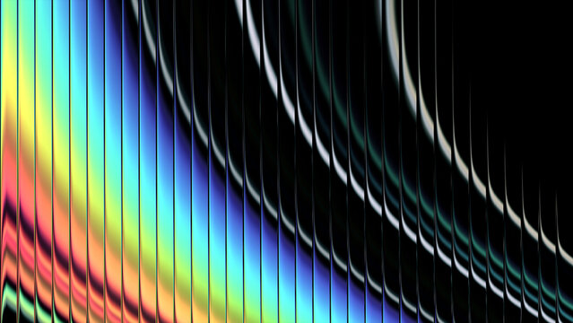Fractal vibrant vertical stripes create a hypnotic abstract pattern with flowing rainbow colors that transition into dark shadows on a black background