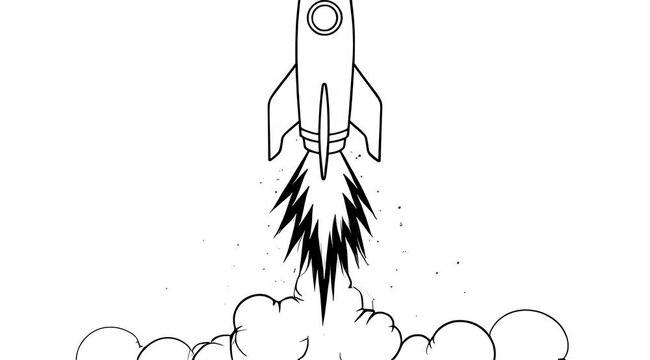 Black and white line drawing illustration of a rocket launching upwards