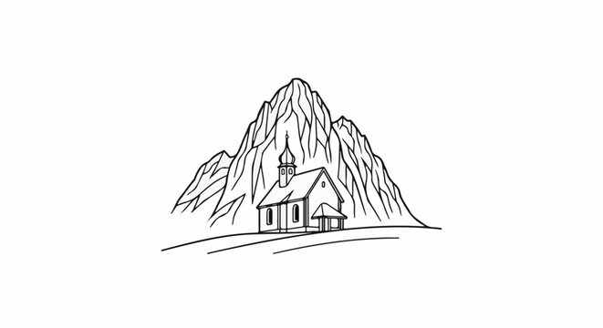 A simple line drawing of a small chapel nestled at the base of large, rugged mountains