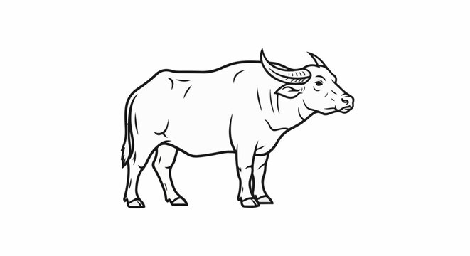 A simple line drawing of a water buffalo standing on a white background