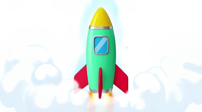 A cartoon style illustration of a rocket ship taking off into the sky