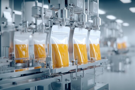 Industrial juice filling line automation sterile. Clear plastic bottles travel on conveyor under precision nozzles. Vibrant orange liquid flows into containers. Modern juice bottling sealing equipment