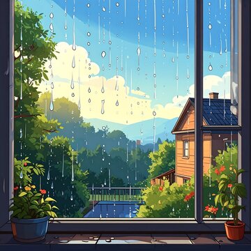 A picturesque scene of a tranquil, rainy day as viewed from inside a room with a window, overlooking a serene landscape
