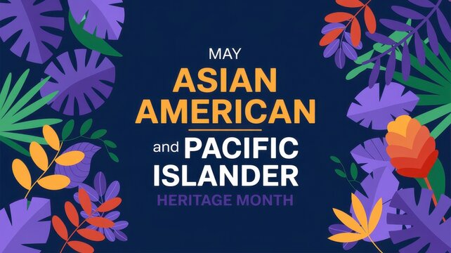 May Asian American and Pacific Islander Heritage Month graphic with stylized tropical leaves on a dark blue background.