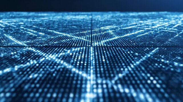 Abstract digital grid of glowing blue particles receding into darkness