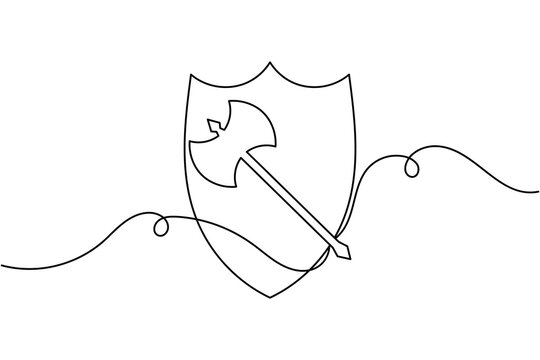 Double bladed battle axe and shield icon continuous one line drawing on white background minimalist weapon safety tool symbol outline vector illustration
